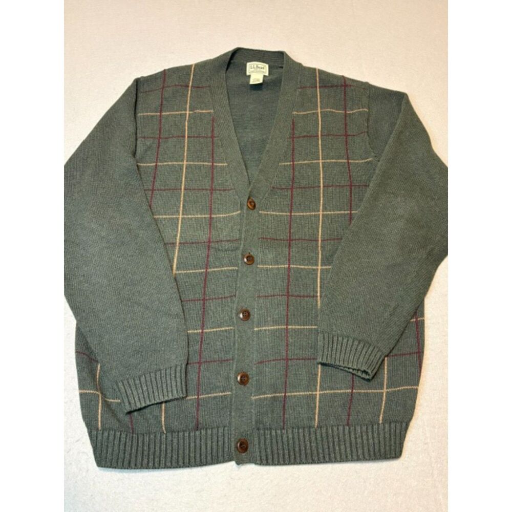 Vintage 90's LL Bean V Neck Button Grandpa Cardigan Green Plaid Woodlook Buttons
